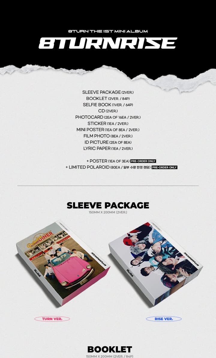 8TURN 8TURNRISE 1st Mini Album 2 Versione SET CD+1p Mini Poster On Pack+84p Libretto Selfie Libro+2p PhotoCard+1ea Adesivo+8p Film Foto+2p ID Immagine+1p Carta Lirica+Tracking Sigillato