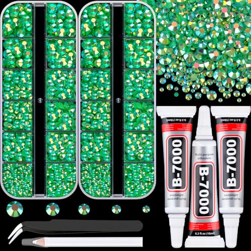 Image of Resin Rhinestones for Crafting with 3Pcs 10ml B7000 Jewelry Glue, 2 Boxes Dark Green AB Flatback Gems Crystals Diamond for Bedazzling Crafts DIY Nail Art Makeup,Gems for Clothing Tumblers Shoes