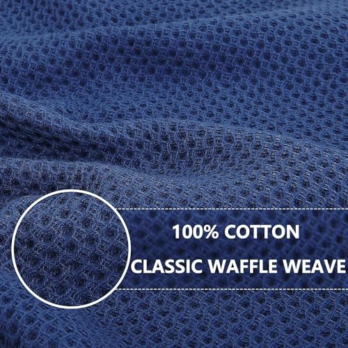 Image of Kitchen Cotton Lint Free Waffle Weave Hand Towels, Quick Drying Dish Cloths, Highly Absorbent Dish Rags Tea Towels Set with Hanging Loop, 13.4 inchx 13.4 inch, Dark Blue, Pack of 4