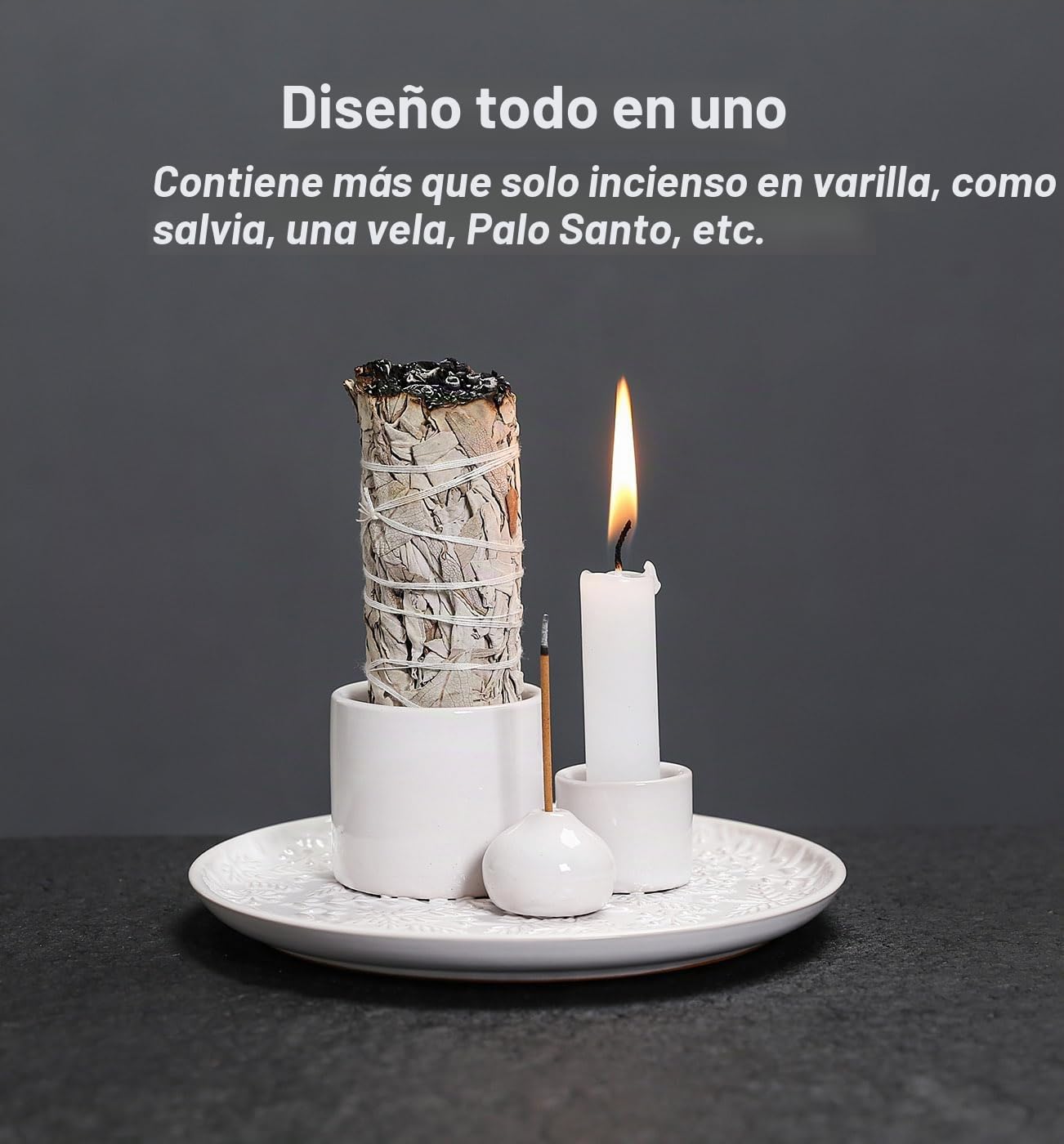 Soporte para Salvia 3 en 1 de Cerámica para Palo Santo, Salvia y Varillas de Incienso – Bandeja Artesanal Recoge Cenizas para Salas de Meditación (Blanco)