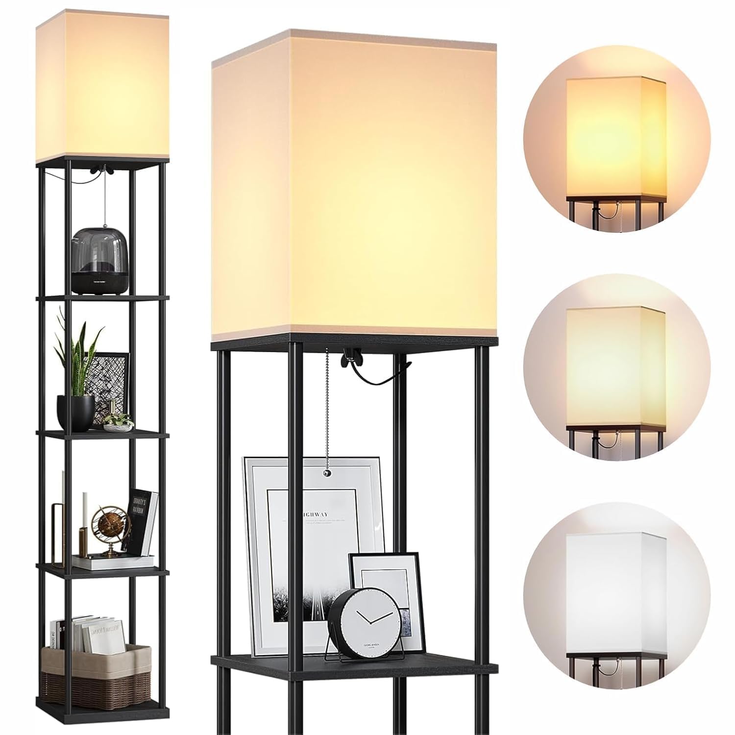 5 Tier Metal Floor Lamp with Wooden Shelves/Standing lamp with 3 Adjustable Color Mode/Corner Bright Lamp for Decoration/Energy Efficient Night Lamp for Bedroom/Living Room/Home Décor (Black)-image-16