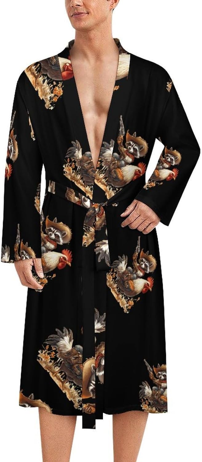 Western Raccoon Gun Rooster Mens Soft Robes Lightweight Long Sleepwear Spa Bathrobe