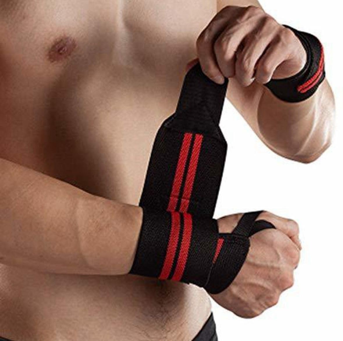 Weight Lifting Wrist Support Wrap with Double Red Stripes, Professional Gym Training Strap, Black-image-28