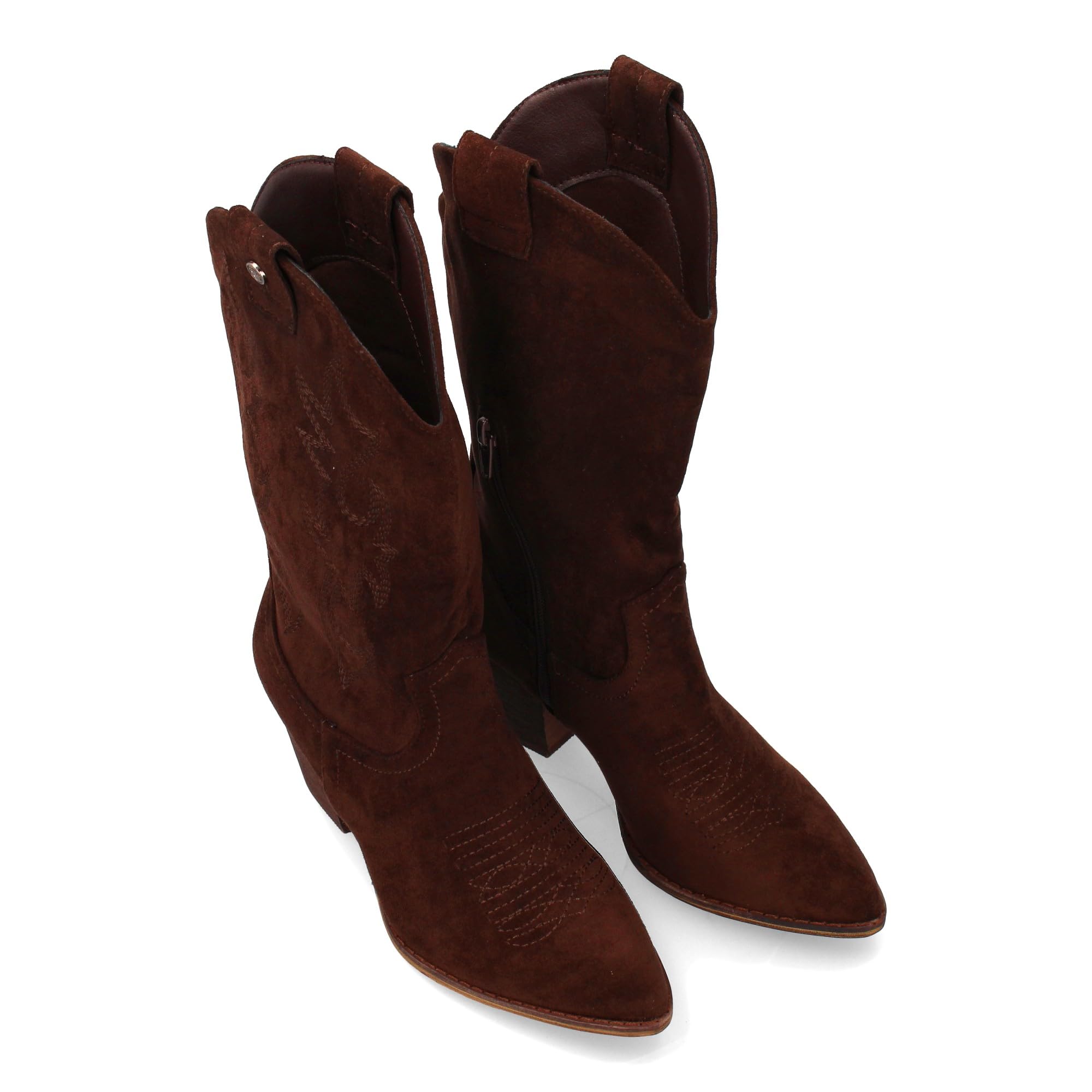 Bota Campera con Tacon, Comodas, Bordado en Cana y Empeine, Estilo Vaquero Cierre de Cremallera, Ideales Otono Invierno