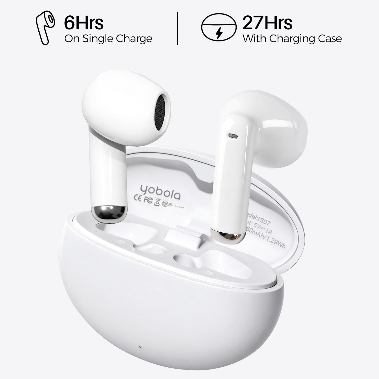 yobola Cuffie Bluetooth 5.4, In-Ear Auricolari Wireless Hi-Fi Stereo con 4 Microfoni HD, Comodo Mini Controllo Tattile IPX7 Impermeabili USB-C 27 Ore Cuffiette per Smartphone/Portatili/Sport, Bianco