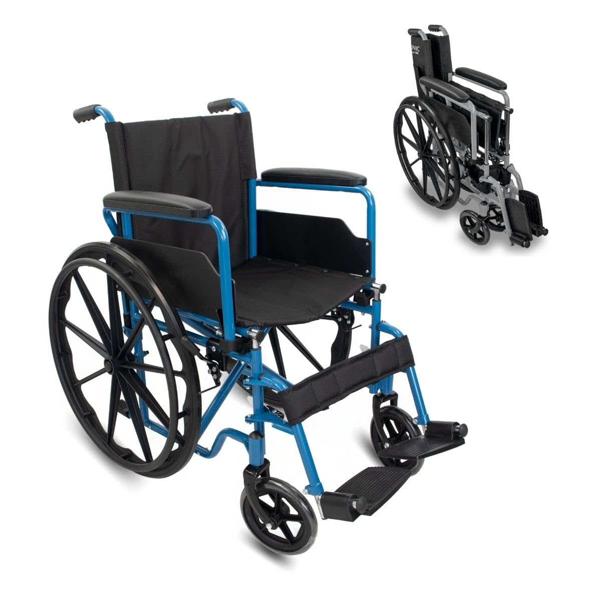 Mobiclinic®, Silla de ruedas plegable, Autopropulsable, Extracción rápida pulsando un botón, Asiento 46 cm, Reposapiés y reposabrazos abatibles, Palanca freno, Resistente, Azul, Marsella
