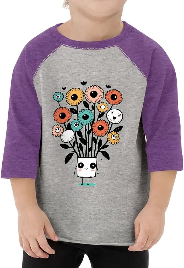 Cute Cartoon Toddler Baseball T-Shirt - Floral 3/4 Sleeve T-Shirt - Kawaii Kids' Baseball Tee