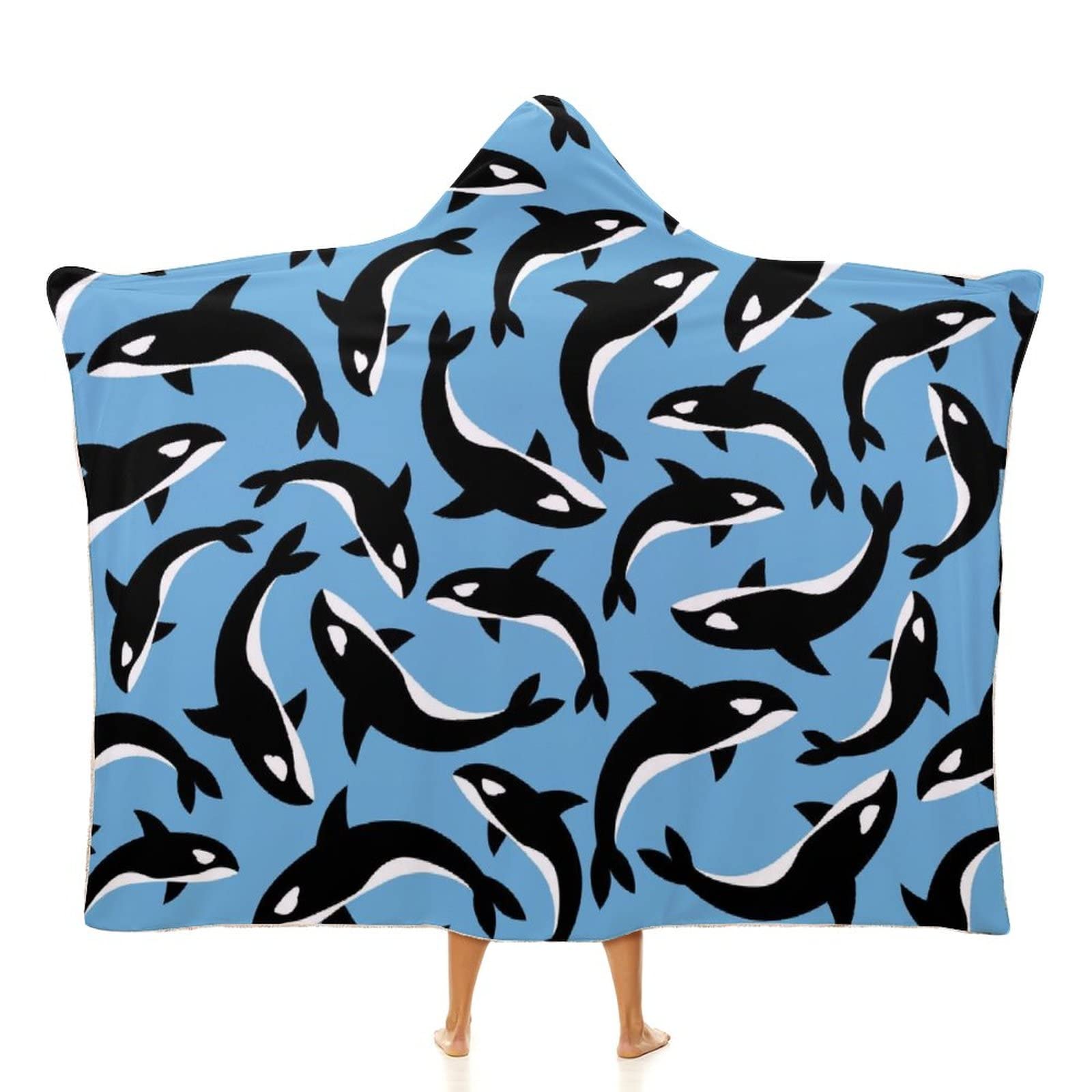 Killer Whales Orca Wearable Hooded Blanket Warm Cozy Blanket Oversized Throw Cape for Bed Sofa 40"x50"