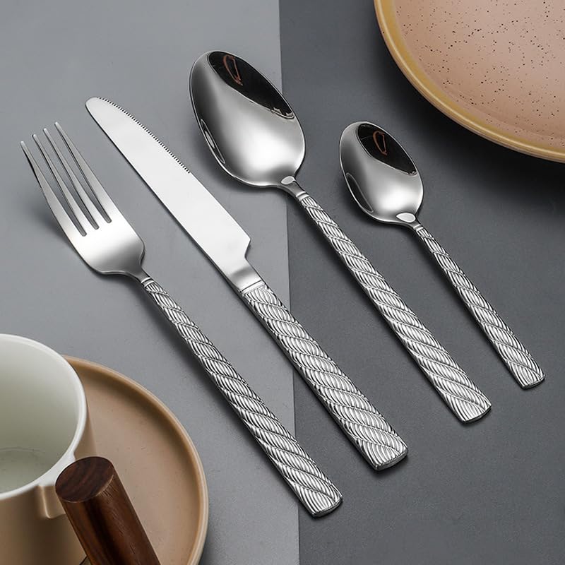 ONUIFIKE Silverware Set, 4/16/24/32/40/48 Pieces High-end Thick Hemp Rope Pattern Hotel Stainless Steel Tableware Steak Knives, Forks And Spoons, Home Cutlery Flatware Set(48 Piece set for 12)