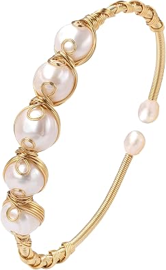 Pearls Bracelets for Women, Natural Freshwater Pearls Bracelets Jewelry Bangle, Lucky Jewelry for Mom Lover Her Diameter 1.96 ins Adjustable 14K Gold Plated