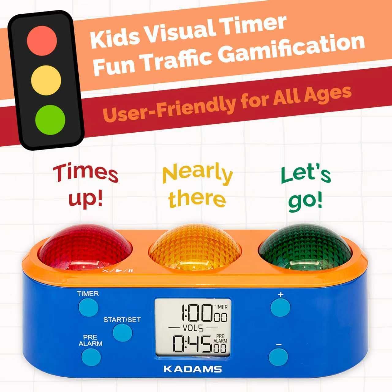 KADAMS Visual Timer K512-3 with traffic light concept and text 'Kids Visual Timer Fun Traffic Gamification User-Friendly for All Ages'