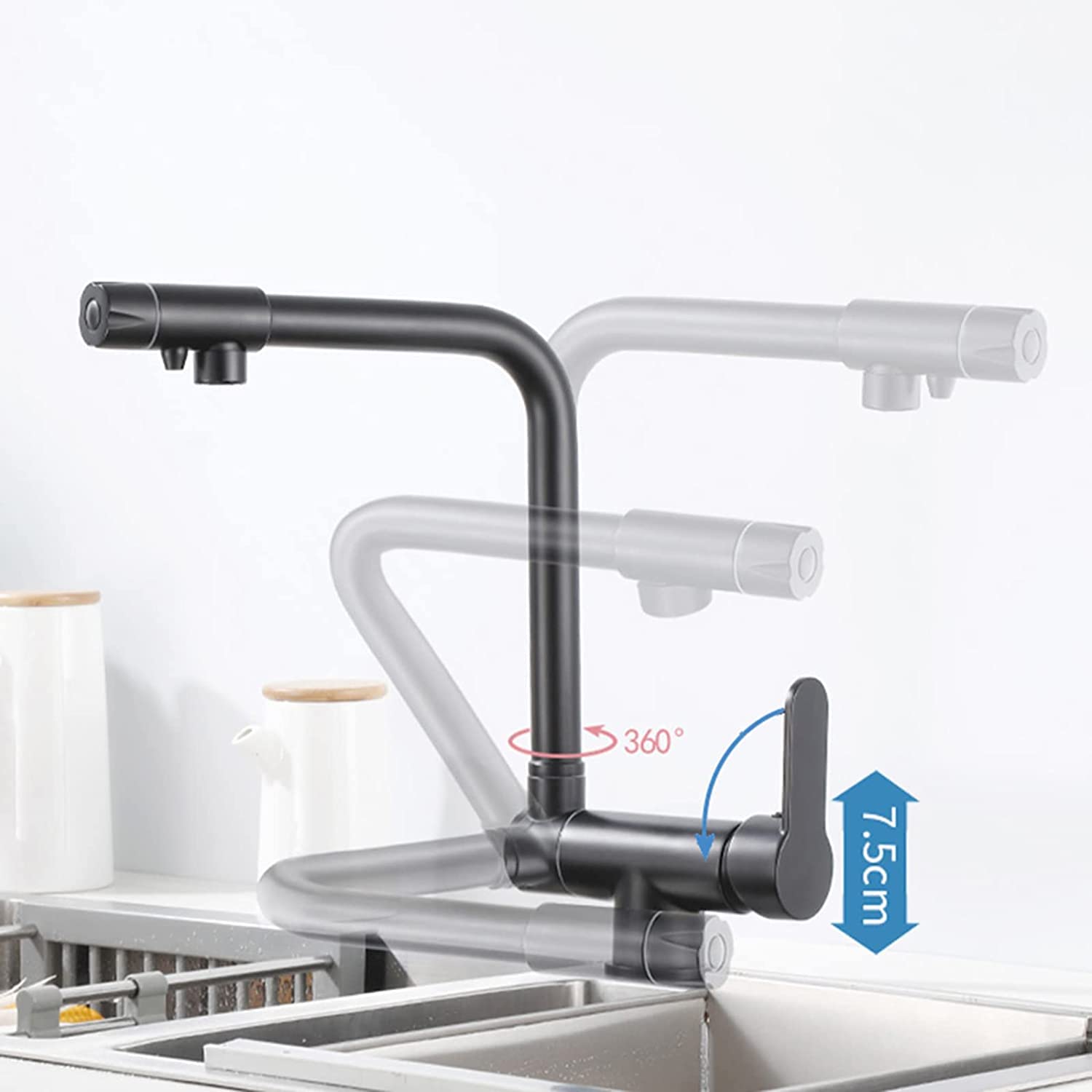 Grifo de cocina de 3 vías con rotación de 360°, grifo mezclador negro cepillado para sistema de ósmosis inversa, instalación de ventana delantera, diseño duradero y elegante 3 en 1
