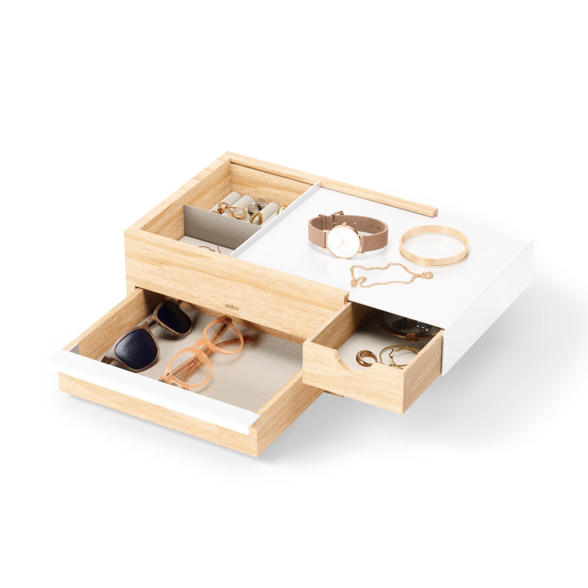 Umbra Stowit Design Schmuckkasten – Schmuckbox mit Geheimfächern für Ringe, Armbänder, Halsketten, Uhren, Ohrringe & Accessoires, Holz/Metall, Weiss/Natur, Gross