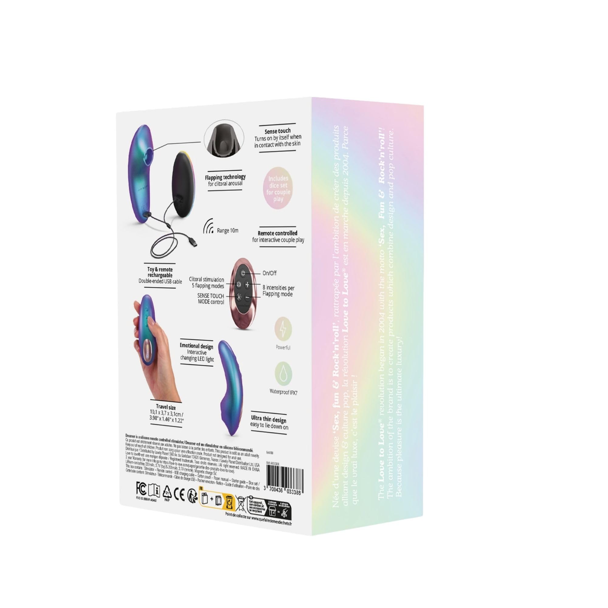 Love to Love Dreamer stimolatore clitorideo – ultra sottile con Flapping Design, modalità Sense Touch, telecomandato, LED, ricaricabile, impermeabile IPX7