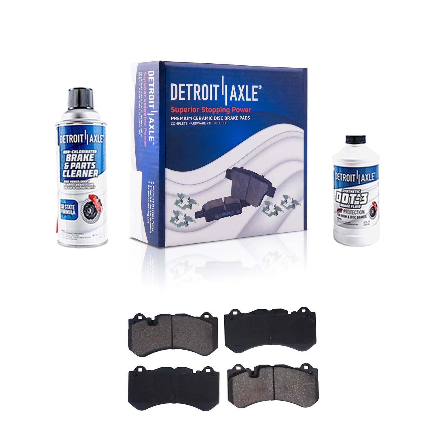 Detroit Axle - Front Ceramic Brake Pads w/Hardware &amp; Cleaner Fluid