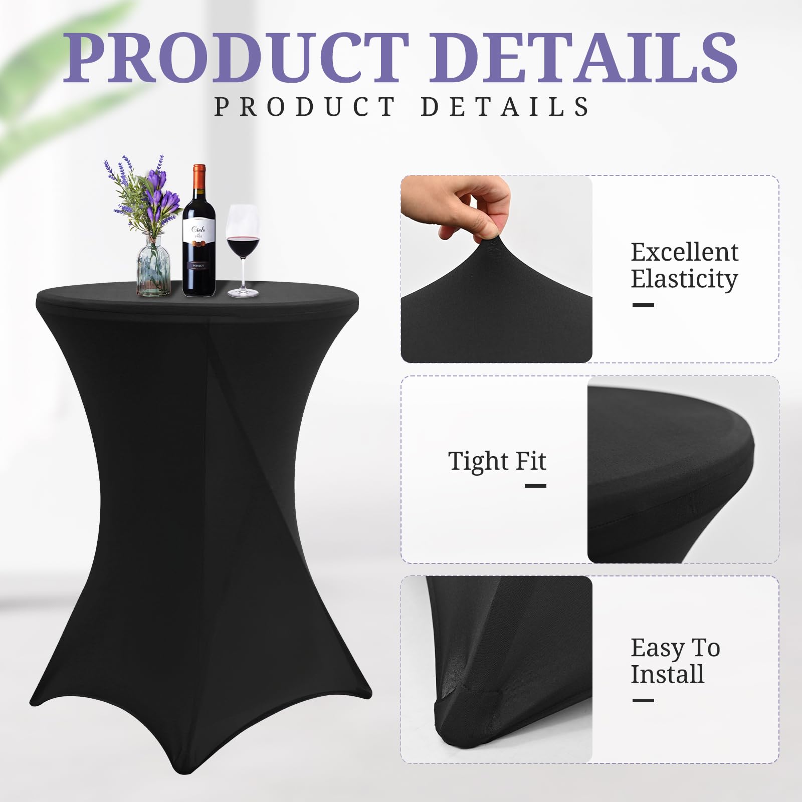 Paquete de 4 Piezas de Mantel de Spandex de Esquina Cuadrada Elástica para Cócteles, Mantel de Cóctel Circular de Alto para Banquetes de Bodas y Recepciones de Bares (Negro 80x110cm)
