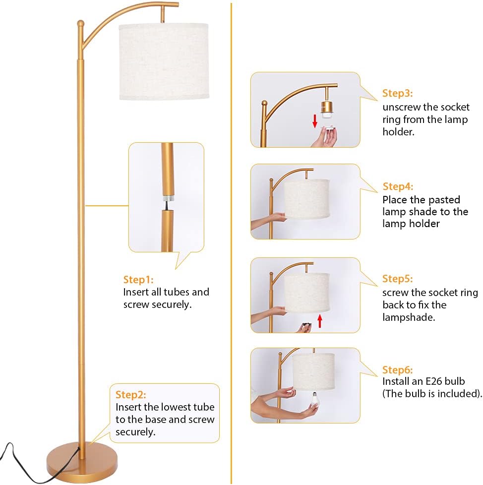 Zorykn Classic Gold Standing Floor Lamp with Arc Lamp Shade, Golden Standing Lamps for Living Room, Bedroom, Tall Mid-Century Farmhouse Floor Lamp with Foot Switch, Stable Metal Base , Bulb Included