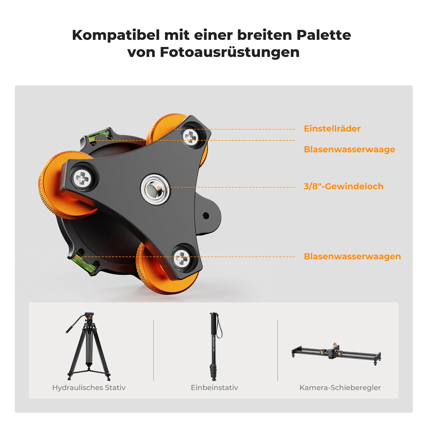 K&F CONCEPT Stativkopf Nivellierbasis, Aluminium Nivelliersockel, Nivellierbasis mit 3/8" Schraube,-5° präzise Winkeleinstellung,Dreirad Nivellier für Makro Panoramafotografie,mit 1/4 auf 3/8 Adapter
