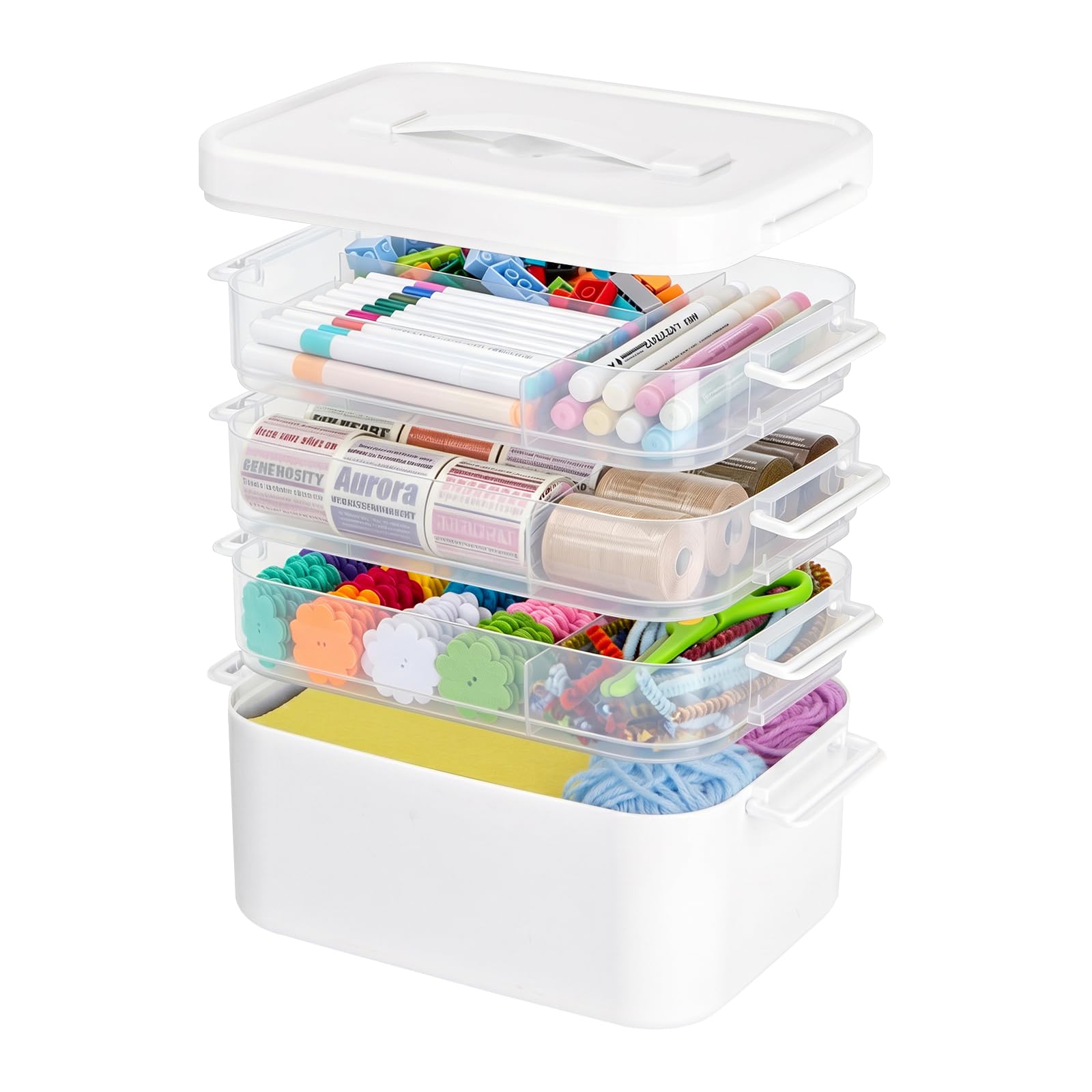 Creahaus 4 Layers Multipurpose Storage Box Organiser with Removable Trays, Stackable Art Craft Storage Box Case with Handle, Portable Medicine Box Storage Containers for Sewing, Arts, Crafts