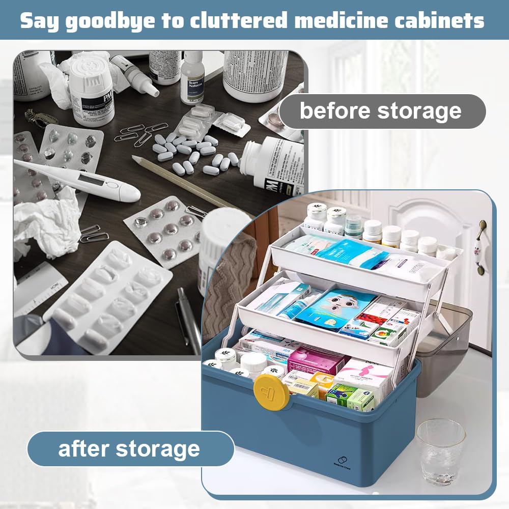 LPAMABA Boîte à Pharmacie à 3 Niveaux Boîte de Rangement Portable Boîte de Premiers Secours Boîte à Médicaments Grande Armoire à Pharmacie avec poignée de Transport pour médecine Domestique, Bleu