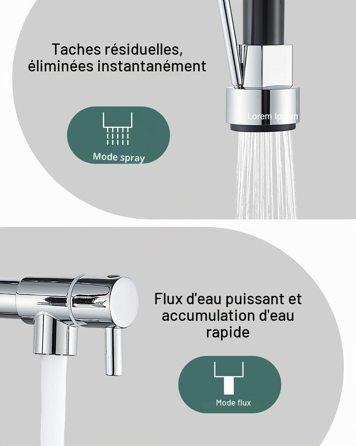 Robinet de cuisine, avec 2 buses, robinet à ressort amortisseur de cuisine, rotation à 360°, standard froid et chaud, laiton chromé.