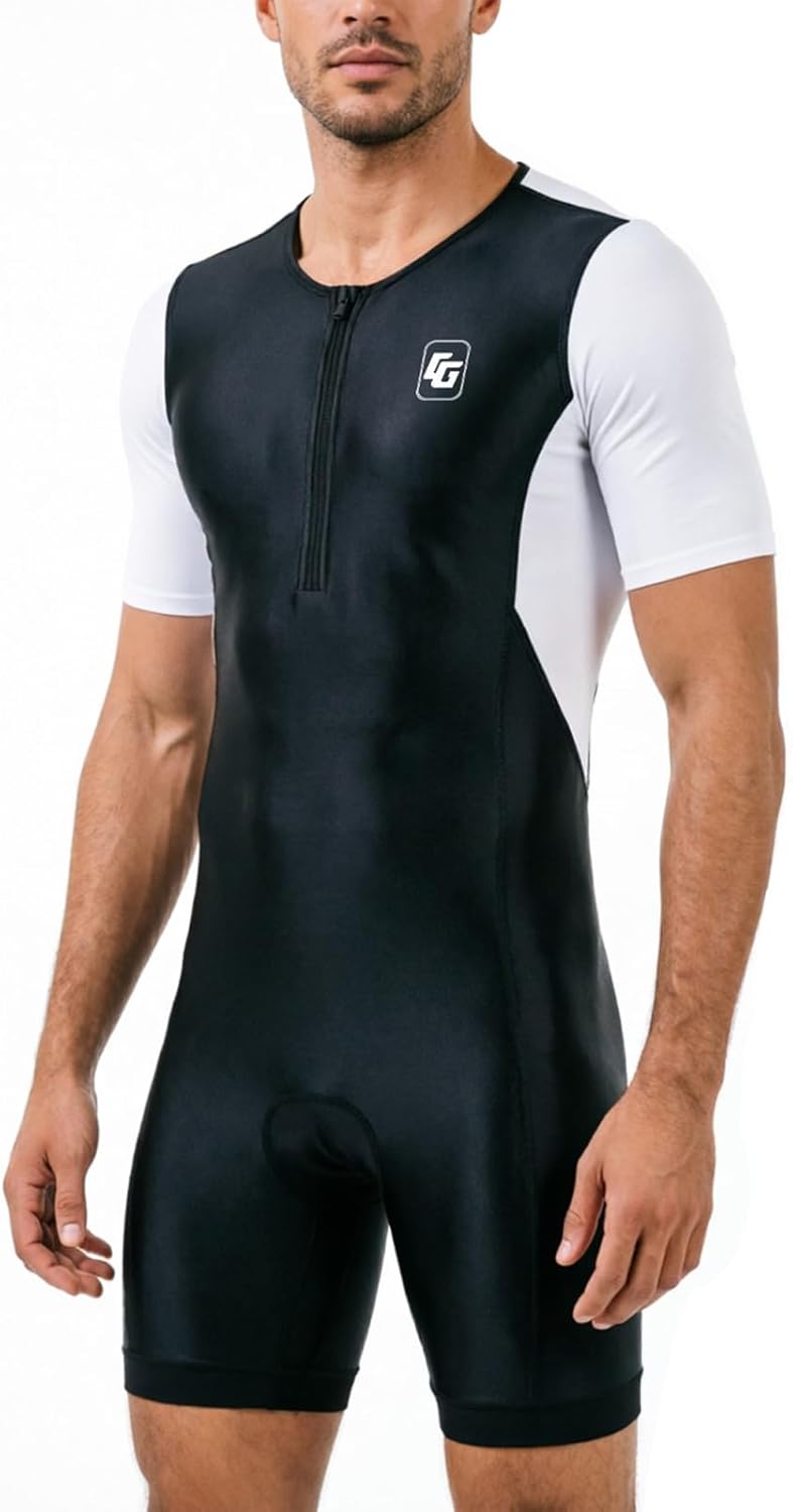 Triathlon Suits Mens One-Piece Short Trisuits Skin Wet Suit for Running Cycling Swimming White