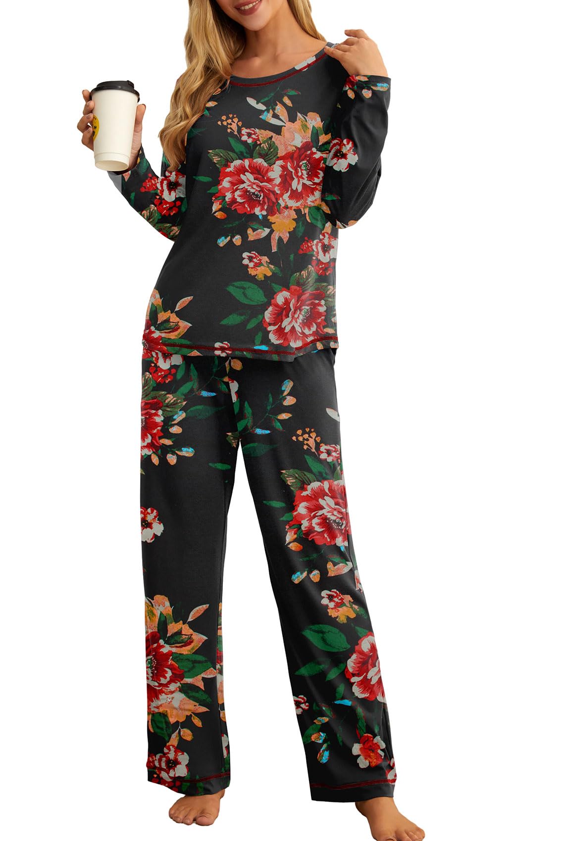 PrinStory Pajamas Set for Women 2 Pieces Long Sleeve Pj Tops Pants Fall Lounge Sleepwear