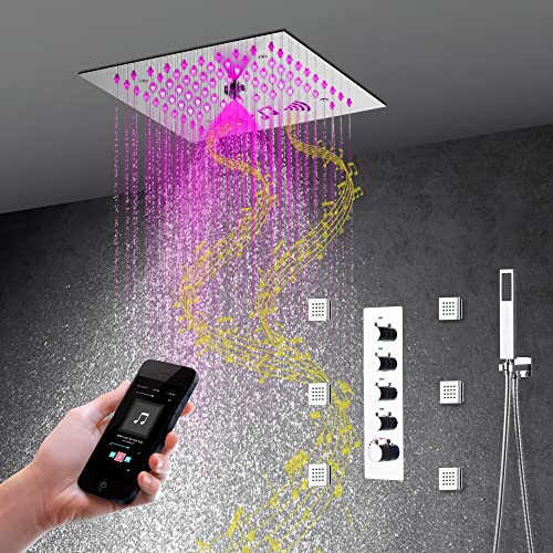 Cascada Luxury 12" Music LED columna de ducha con altavoces Bluetooth incorporados, 4 funciones (Cascada, Neblina, Jets corporales y Duchador de mano) y control remoto 64 luces de colores (Acero inoxidable pulido)
