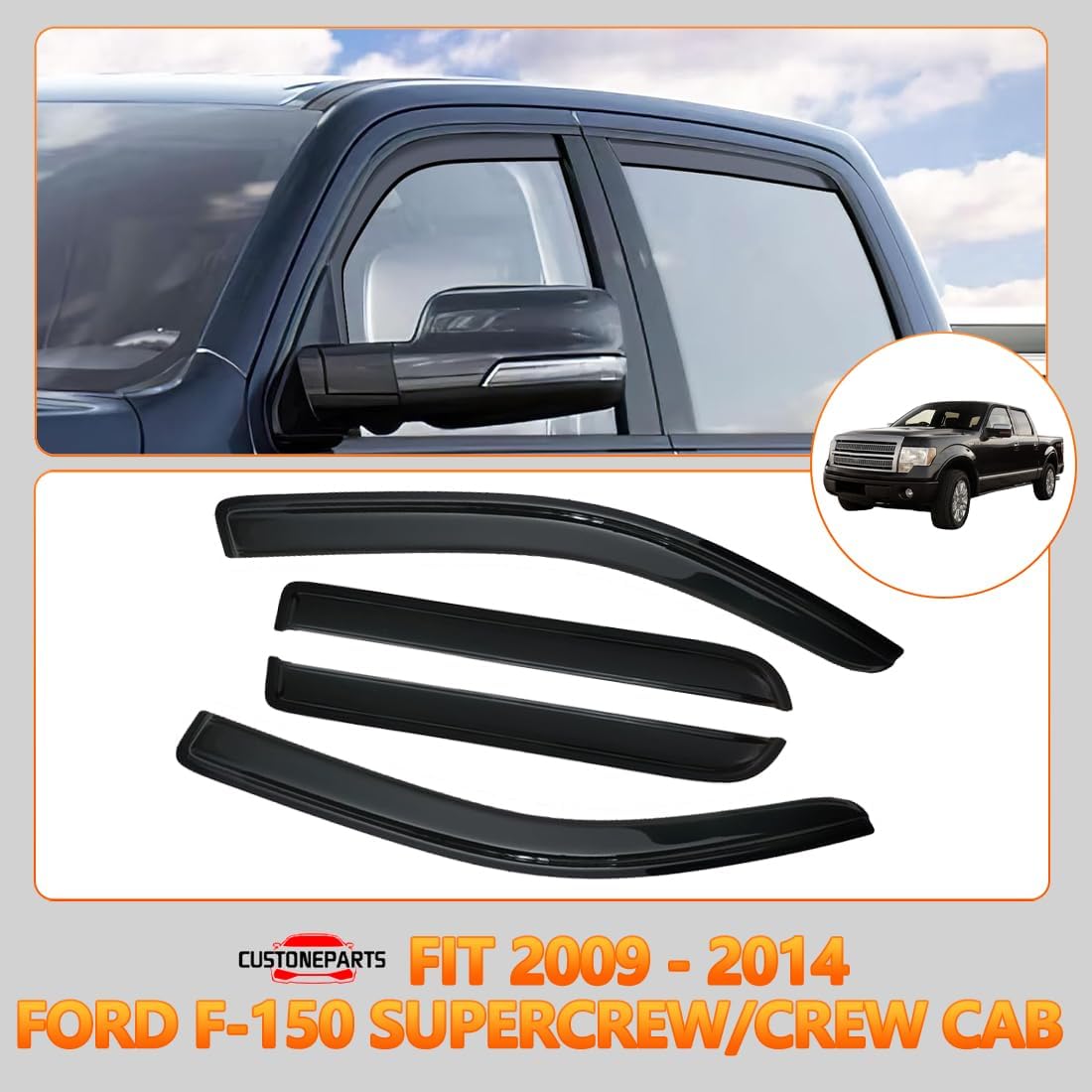 window visors shade sun rain guards fit 2009-2014 ford f-150 supercrew/crew cab – 4-piece set, smoked black acrylic – replace oe 94155 2009-2014 ford f150