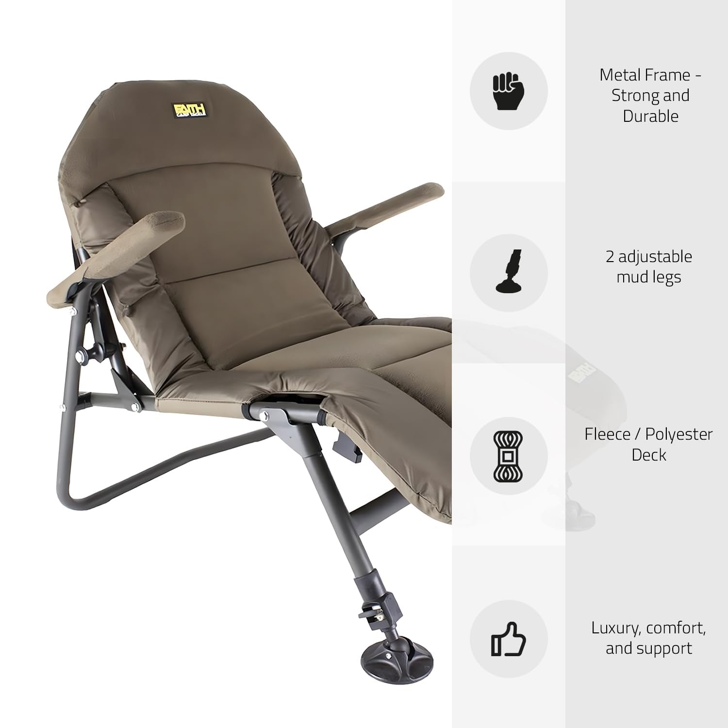 Faith Lounge Chair S - Krzesło karpiowe z polarem - Najwyższy komfort podczas wędkowania - Niska pozycja siedząca - Podłokietniki - Metalowa rama - Regulowane nóżki - 110 kg - 75x64x70cm