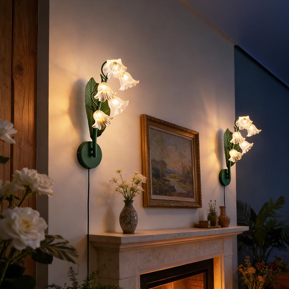 EaEa Innen Wandleuchte mit Schalter und Stecker, 5-Flammig Blumen Wandlampe mit Kabel, Acrylschirm, G4 Retro Metall Wand Nachttischlampe Schlafzimmer Wohnzimmer Dekorative Wandleuchten, Green,A