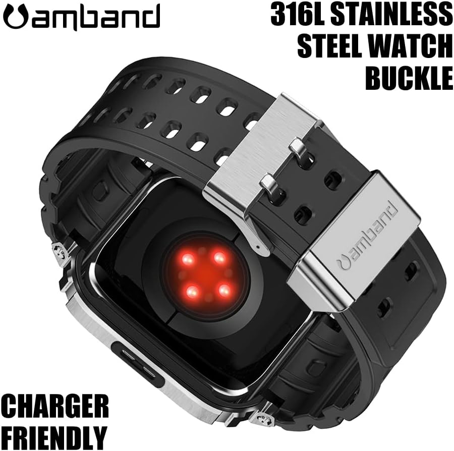 amBand Bands Case Compatible with Apple Watch 44mm, Moving Fortress Rugged Metal Bumper Men Tactical TPU Military Strap Protective Cover Compatible for iWatch 44 mm Series SE2/SE/6/5/4 Silver