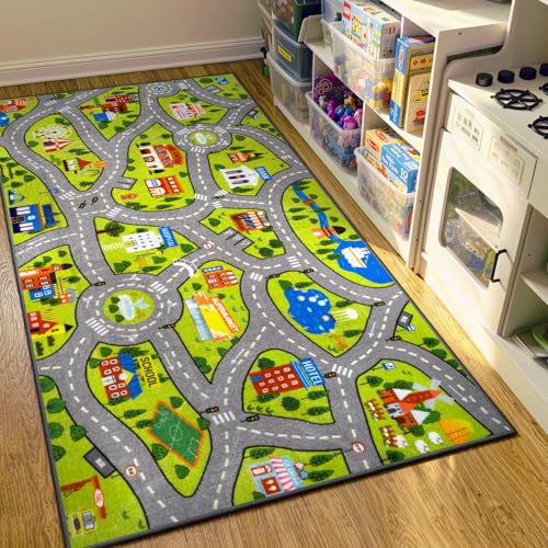 STARUIA Kids Carpet Playmat Rug, 60' x 32'Ultra Non-Slip Car Rug Play Mat Learn and Have Fun Educational City Road Car Mat for Kids Toy Cars, Washable Boy Room Rugs for Playroom Bedroom Nursery