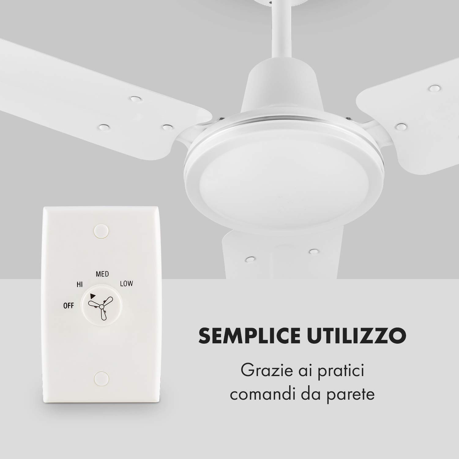 Klarstein Spin Doctor - Ventilatore da Soffitto, 3 Pale, Diametro: 48"/122 cm, Flusso d'Aria: 9963 m³/h, 56 W, 3 Velocità, Controllo a Parete Separato, Corpo: Acciaio Inox, Bianco