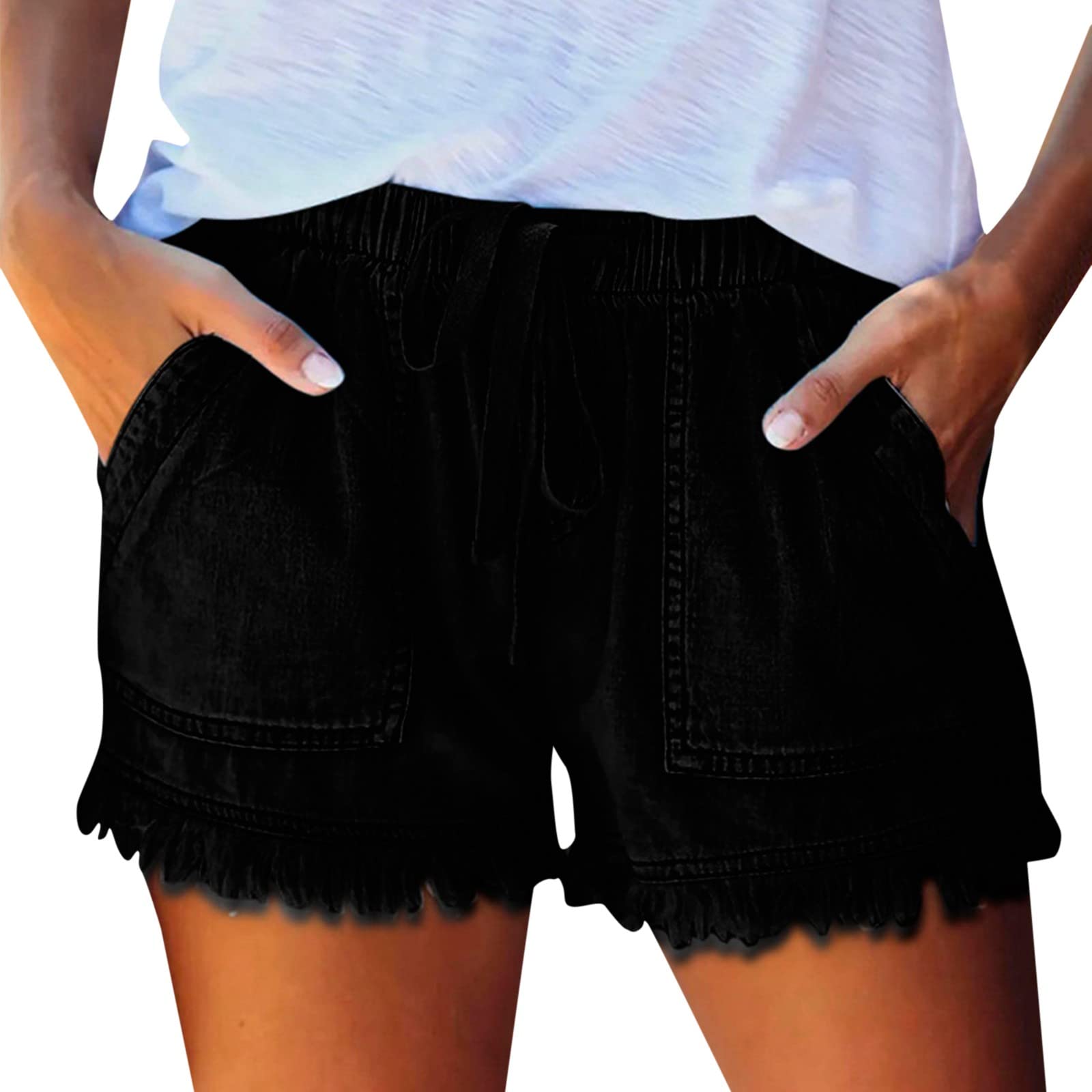 XINGJIAARTS Black Linen Shorts Womens Shorts with Pockets High Waisted Wide Leg Drawstring Beach Vacation Trendy Short S-2XL