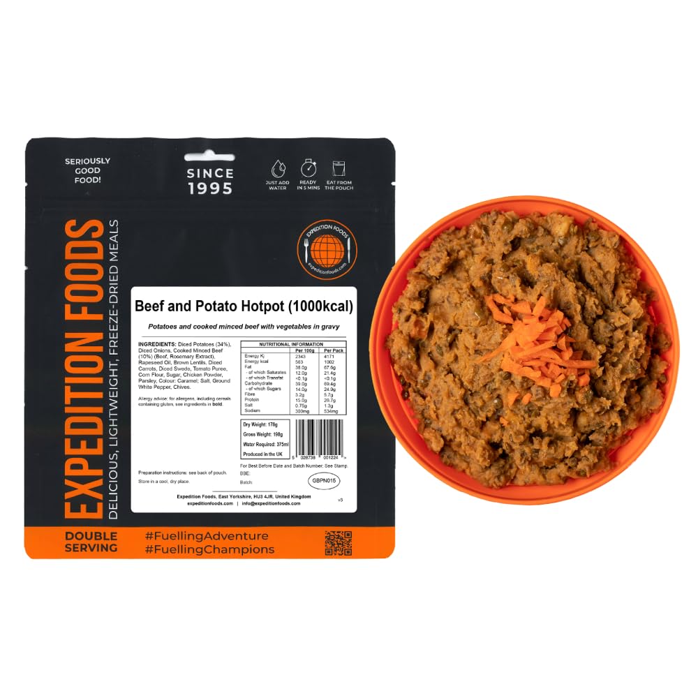 EXPEDITION FOODS expeditionfoods.com Beef and Potato Hotpot | Freeze-Dried Camping & Hiking Food | Double Serving | 1000kcal Meal