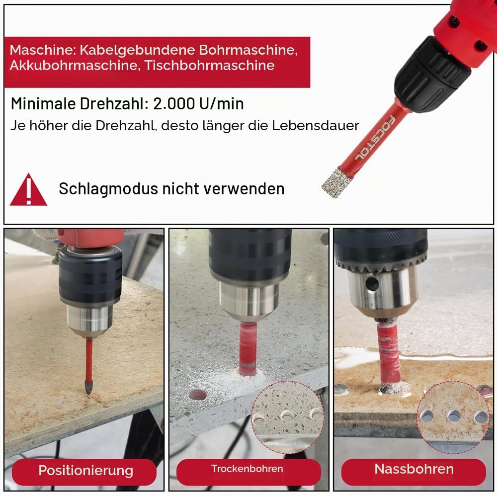 FOCSTOL Diamant Fliesenbohrer 6/8/10/12mm mit Schnellwechsel-Sechskantschaft und 6mm Hartmetallbohrer für Keramik Porzellan Fliese Marmor Granit Ziegel Packung mit 5