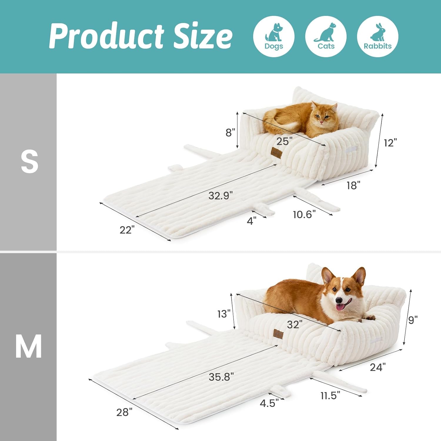 Cute Cat Bed with Removable Cover, Multifunctional Plush Faux Fur Pet Couch Bed with Blanket, Ultra-Soft Pet Furniture for Cats & Small Dogs (Cream, S: 25''x18'')