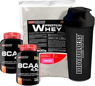 KIT Whey Protein 500g + 2x BCAA 100g + Coqueteleira Bodybuilders Sabor Morango