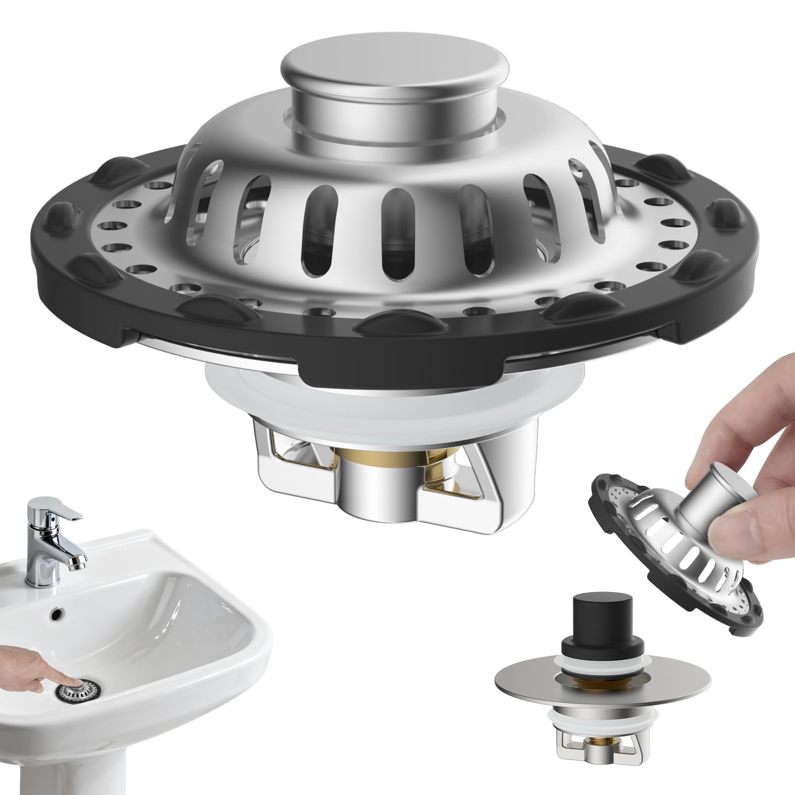 Hibbent Upgraded 3 in 1 Stainless Steel Bathroom Sink Plug, Brushed Nickel — image 1