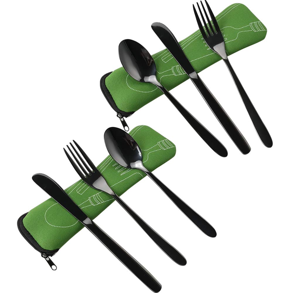 Vababa3-Piece Black Stainless Steel Travel Flatware, Camping Cutlery with Carrying Case