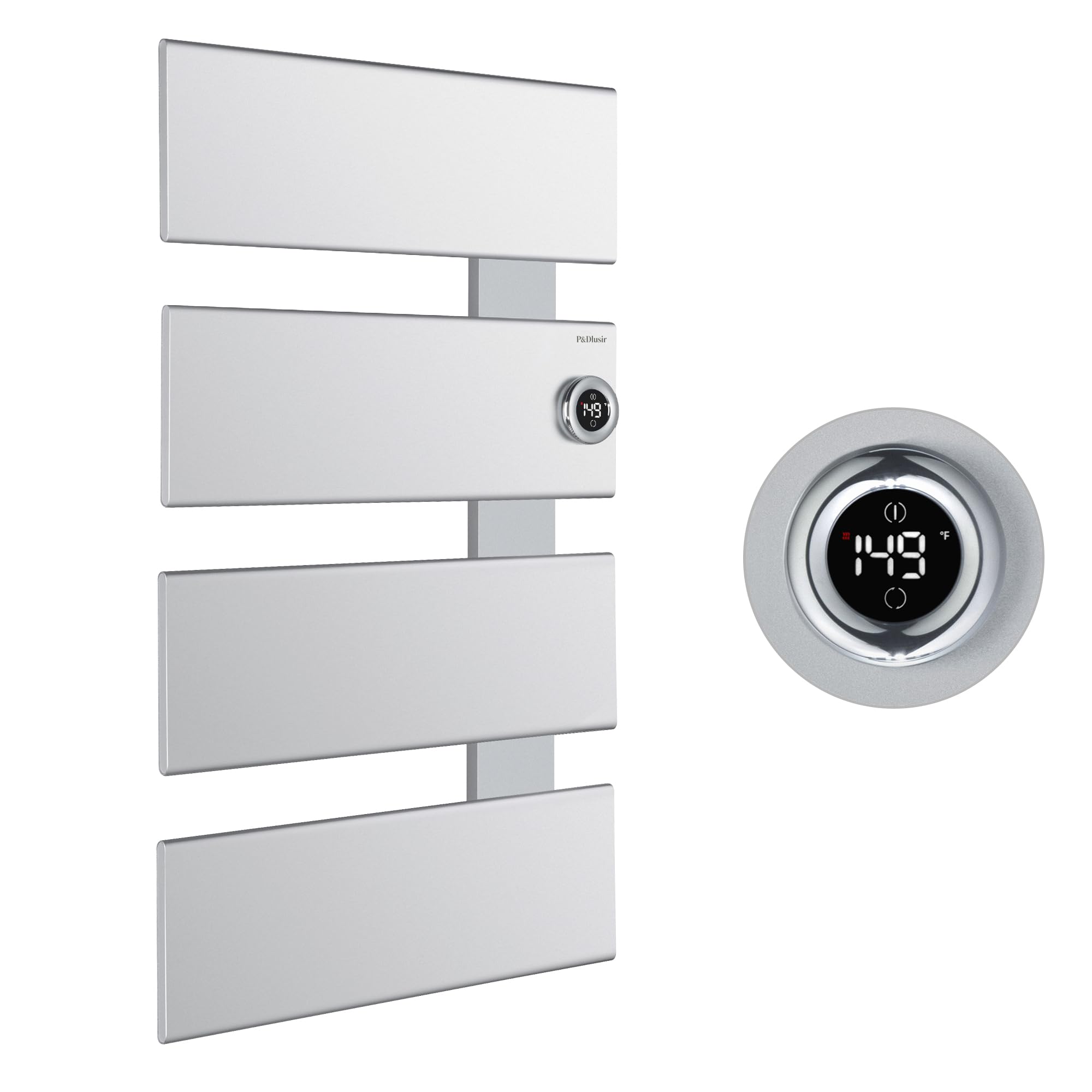 P&Dlusir Towel Warmer, Heated Towel Rack with Adjustable Temperature and Timer (1-24h, On), Fast Heating and Drying for Bathroom, Memory & Remote Control Compatible, Right-Wiring, 4-Panel, Silver Silver 4 Panel