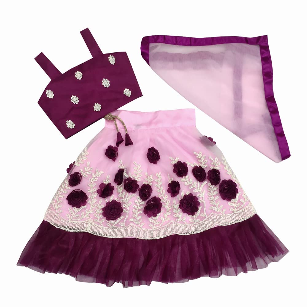 GenericFLOWERS COTTON:Girl's Heavy Mono Net & ribin workwith Embroidery Readymade Lehenga Choli & Dupatta Set (1-8 YEARS)(KESHAV)