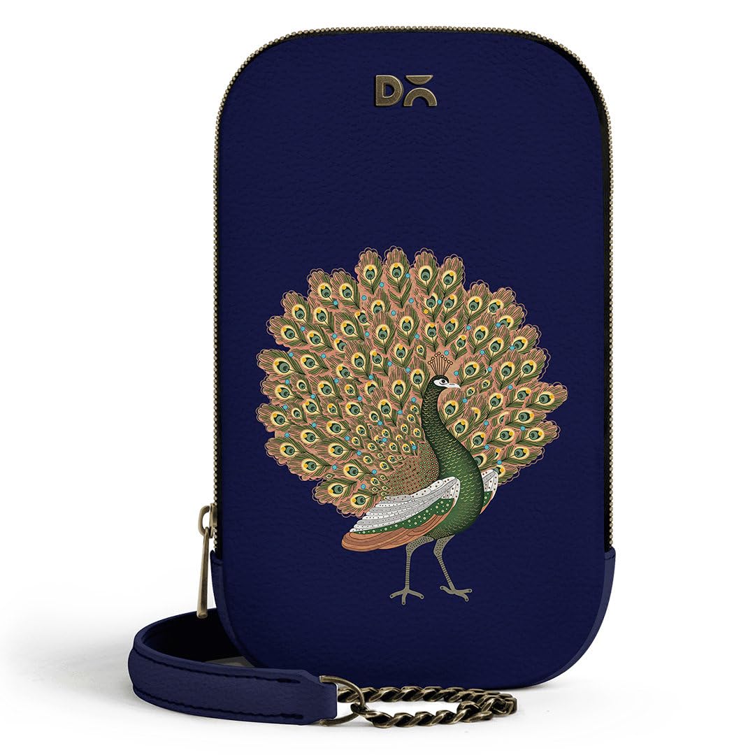 DailyObjects Printed Tallboi Sling Crossbody Bag For Women| Navy Peacock Print Vegan Leather Purse With 1 Compartment & 3 Slip Pockets Inside| Zip Closure With Brass Chain Strap| Stylish & Durable (B0832J112J) Amazon Price History, Amazon Price Tracker