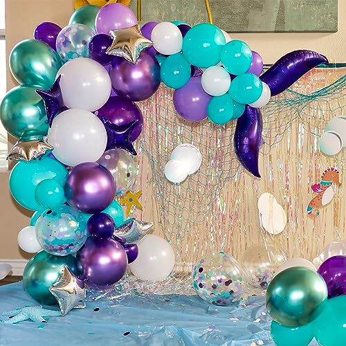 Image of RUBFAC Purple Party Balloons, Purple and Teal Balloons, 65pcs Metallic Purple Green Blue Confetti Latex Balloons for Magic Birthday Party Decorations