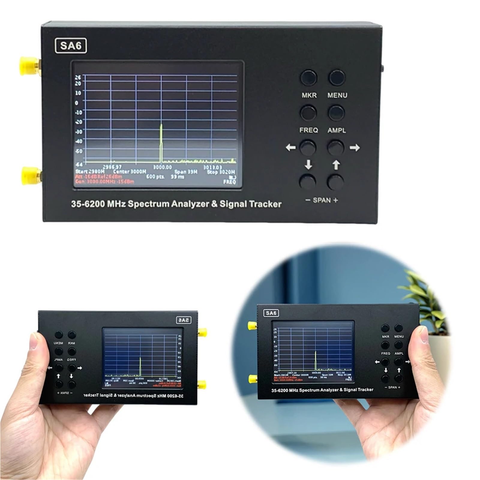 Analizador de Espectro, Generador de señal de espectro SA6 35-6200 MHz 3G 4G LTE CDMA DCS GSM GPRS GLONASS Analizador de espectro y rastreador de señales Pantalla de 3,2 pulgadas