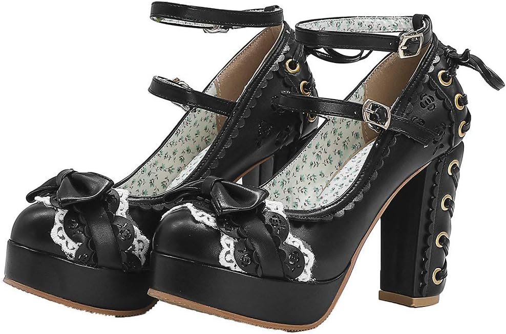 Shinelly Women Sweet Shoes High Heel Chunky Platform Mary Jane Ankle Strap Laces Pumps with Bow(Black,US Size 8)