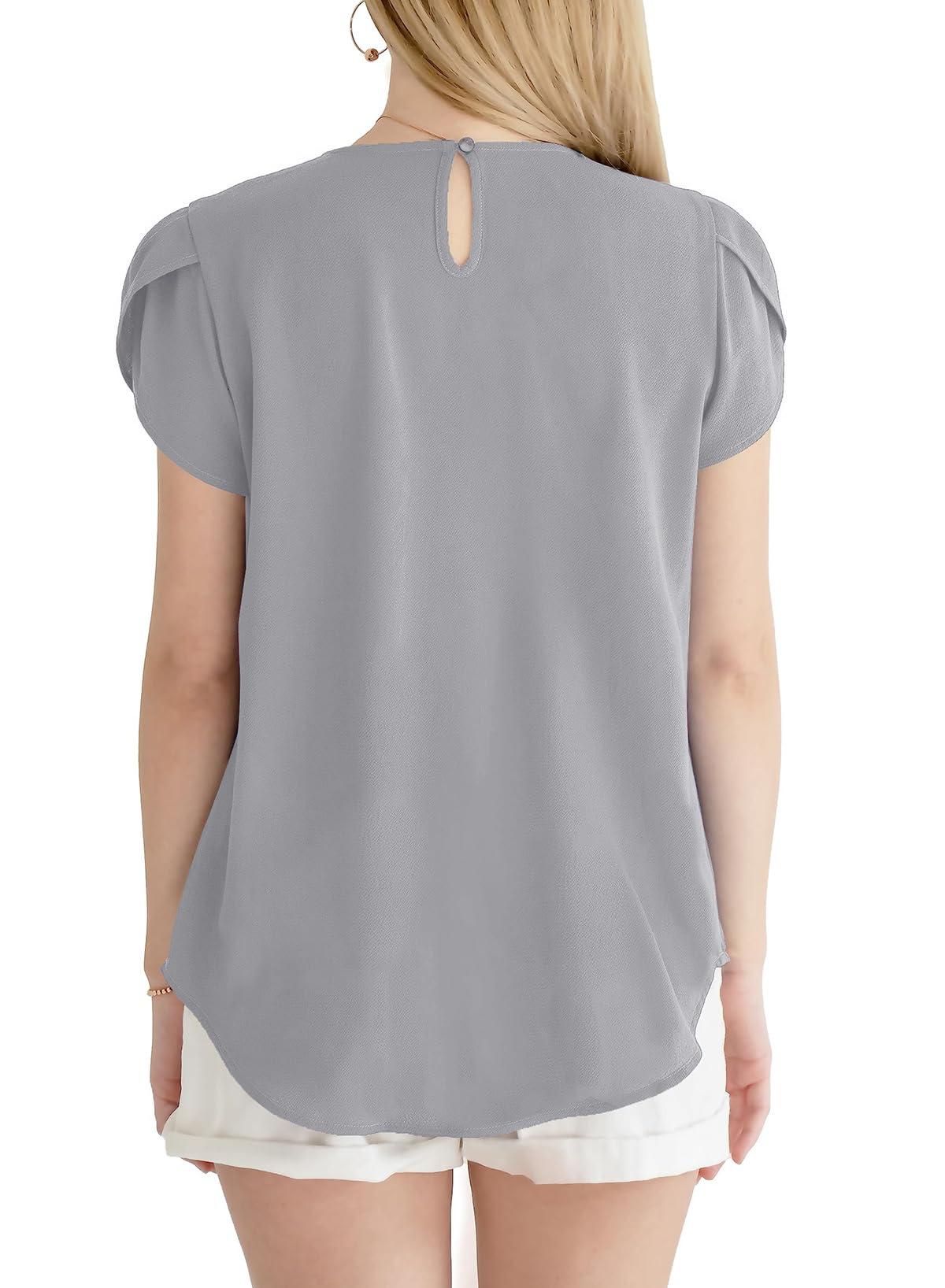 Dokotoo Women's Casual Round Neck Basic Pleated Tops Short Sleeve Loose Fit Curved Back Chiffon Blouses Tshirts