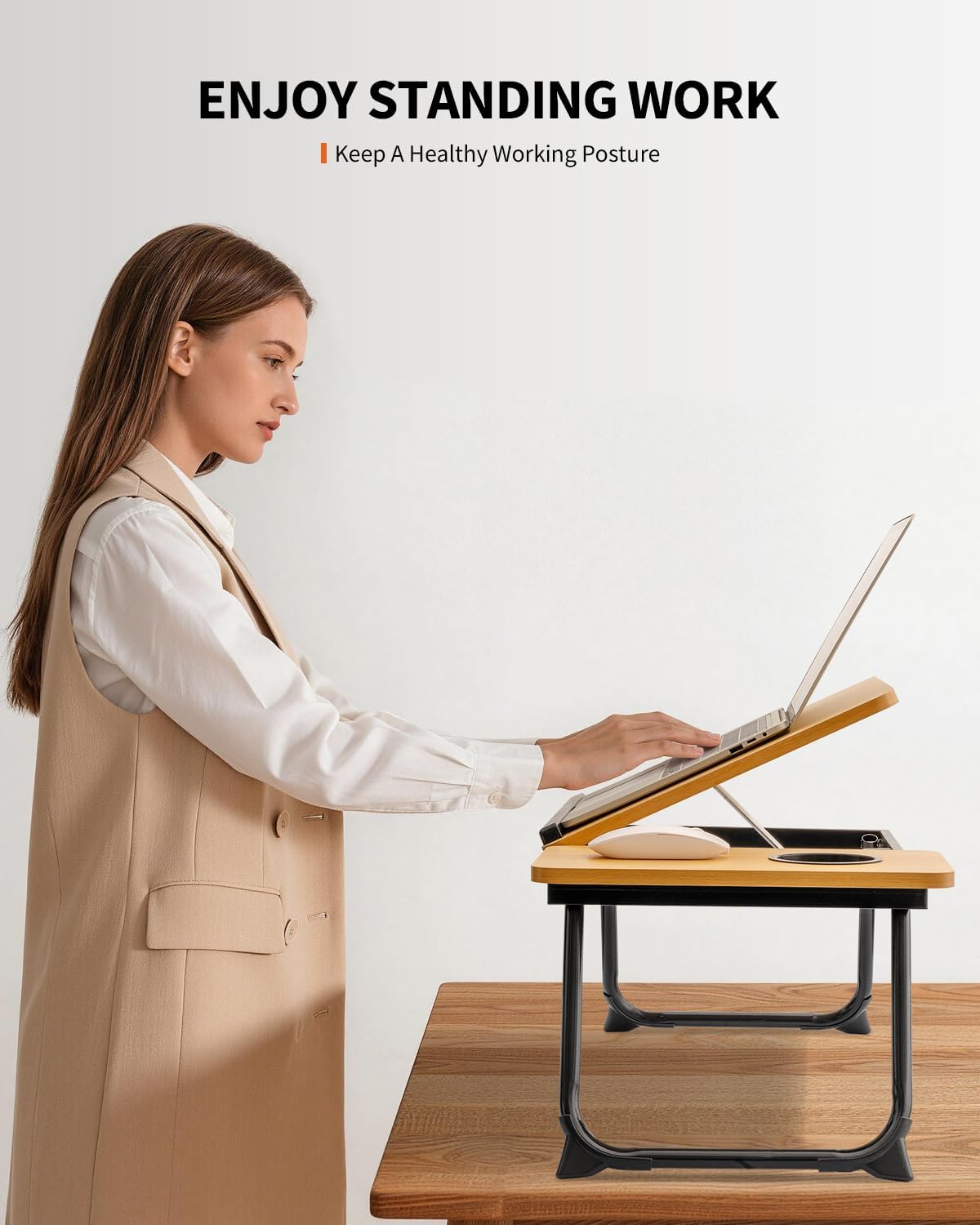 FISYOD Foldable Laptop Desk for Bed Couch, Adjustable Split Lap Desk with Cup Holder, Portable Lightweight Bed Table Tray, Heavy-Duty Laptop Stand for Working, Writing, Reading and Eating - Oak