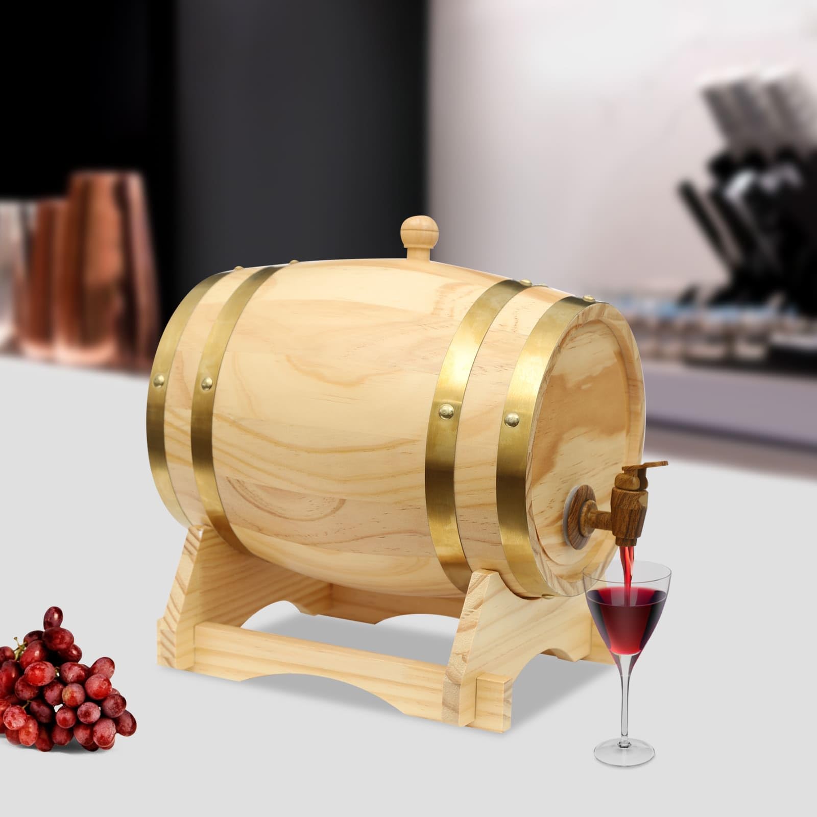Tonneau en Bois de Pin 5L, Avec Support et Robinet, Pour Vin, Bière, Whisky, Rhum